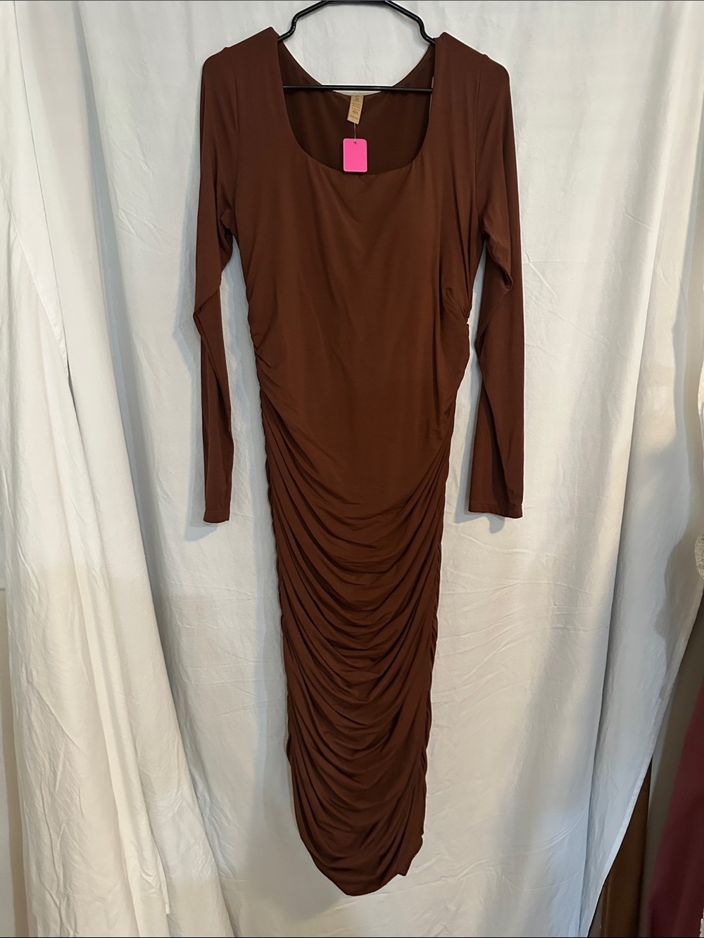 Ruched Long Sleeve Midi Dress in Brown by